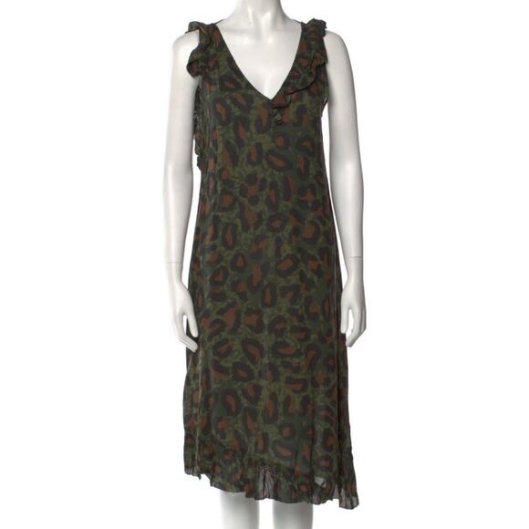 Zadig & Voltaire Rebelle Leo Green Brown Ruffle Trim Camo Midi Dress XS - Picture 5 of 10